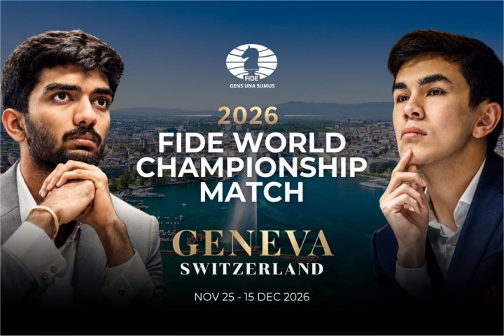 Offizielle Ankündigungsgrafik der FIDE: Gukesh Dommaraju und Javokhir Sindarov, dazwischen der Schriftzug «2026 FIDE World Championship Match, Geneva, Switzerland»