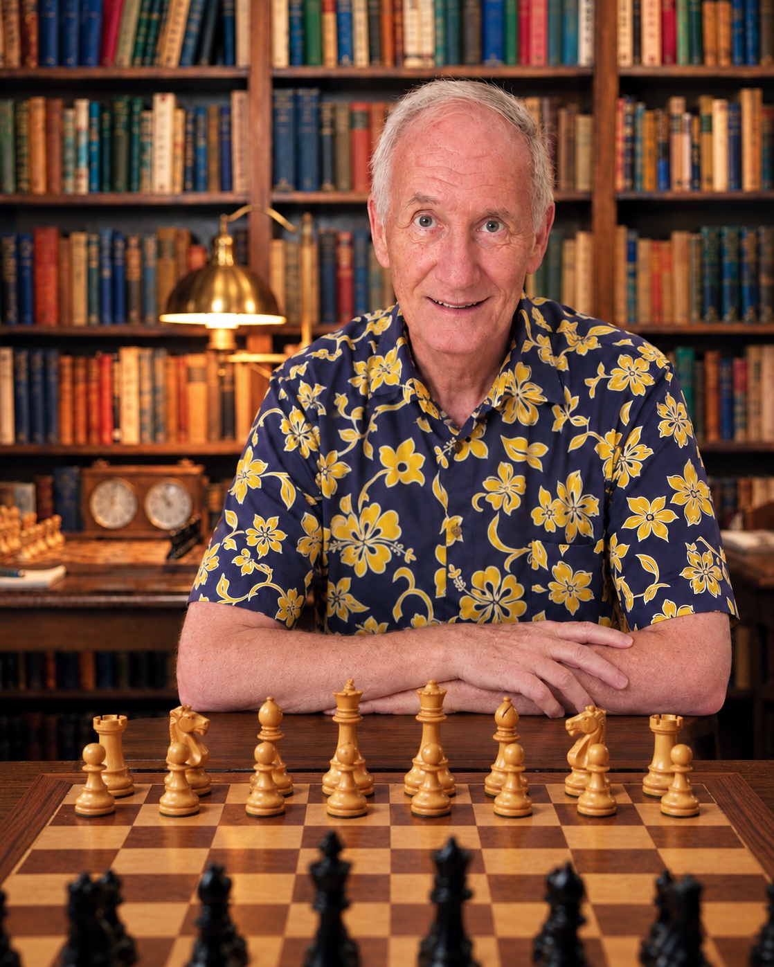 Matthias Wenker an einem Schachbrett mit aufgestellten Figuren, dahinter ein Bücherregal